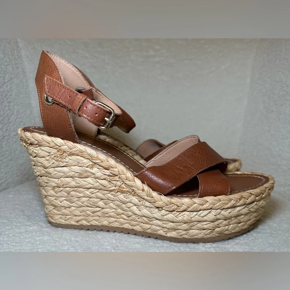 ALDO espadrilles platform shoes heels tan brown leather ankle‎ straps summer 8.5